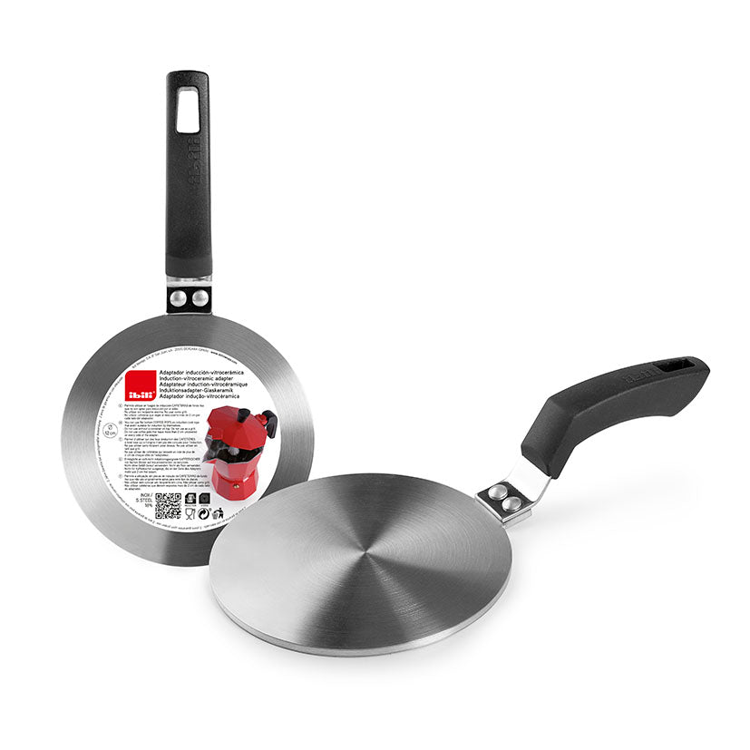 Adaptador de inducción IBILI de 12 cm para cafeteras con mango de baquelita negro y disco de acero inoxidable.