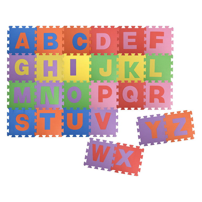 Alfombra puzzle de goma EVA con letras del abecedario en colores variados, 26 piezas encajables de 31x31 cm