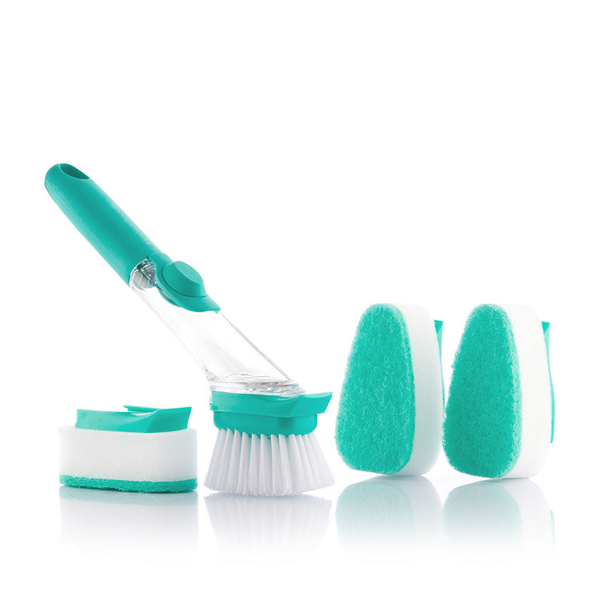 Kit de limpieza Cleasy con mango dispensador, cabezal de cepillo y tres esponjas de repuesto.