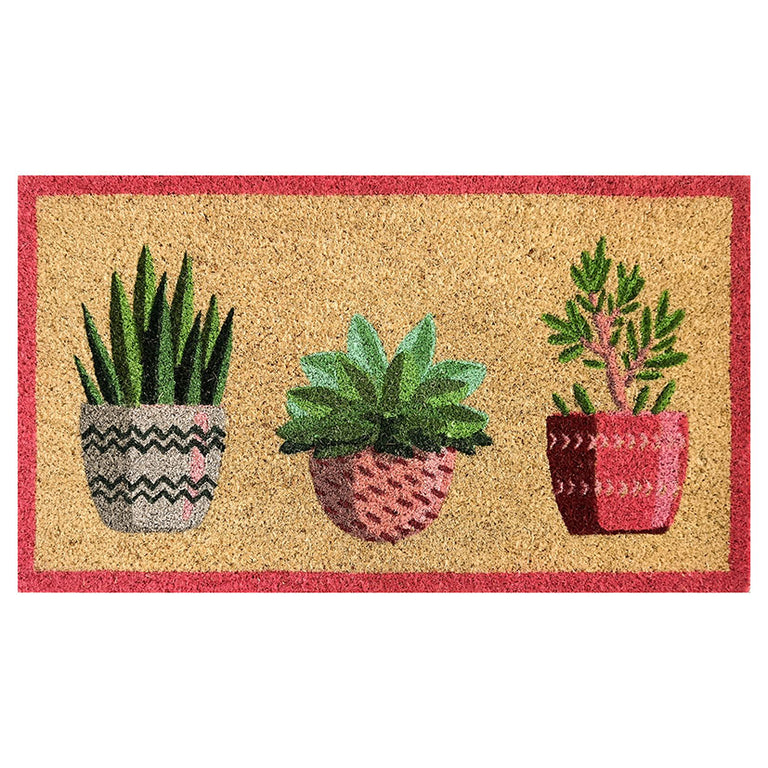Felpudo de fibra de coco DINTEX con diseño de tres macetas decorativas y borde rojo, 40x70 cm