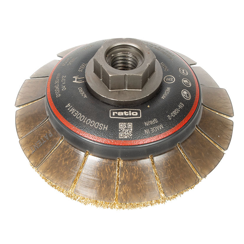 Cepillo taza cónico Ratio ProSeries 100mm con guarda protectora y rosca M14 para miniamoladora.