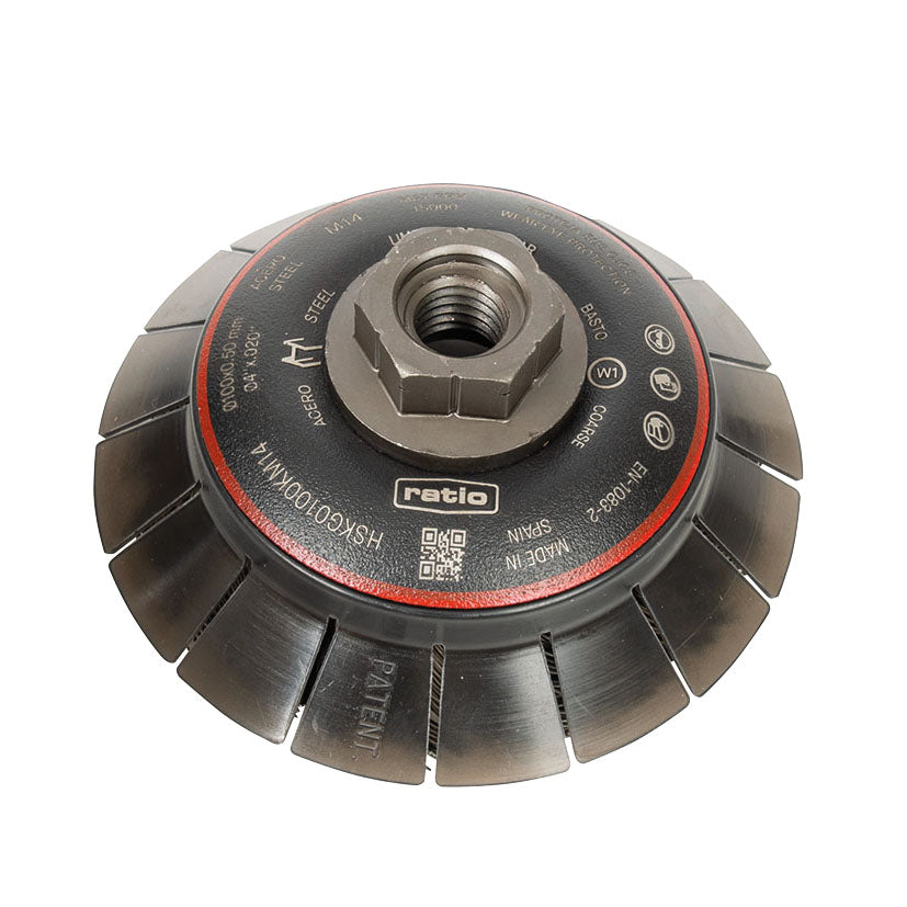 Cepillo de taza cónico RATIO ProSeries 100mm de acero trenzado con rosca M14 y guarda protectora.