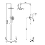 Plano técnico con dimensiones detalladas de la columna de ducha telescópica BOET Tubular