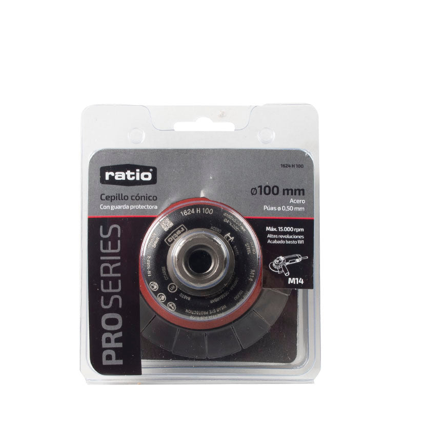 Embalaje blíster del cepillo cónico RATIO ProSeries 100mm para miniamoladora con especificaciones técnicas.