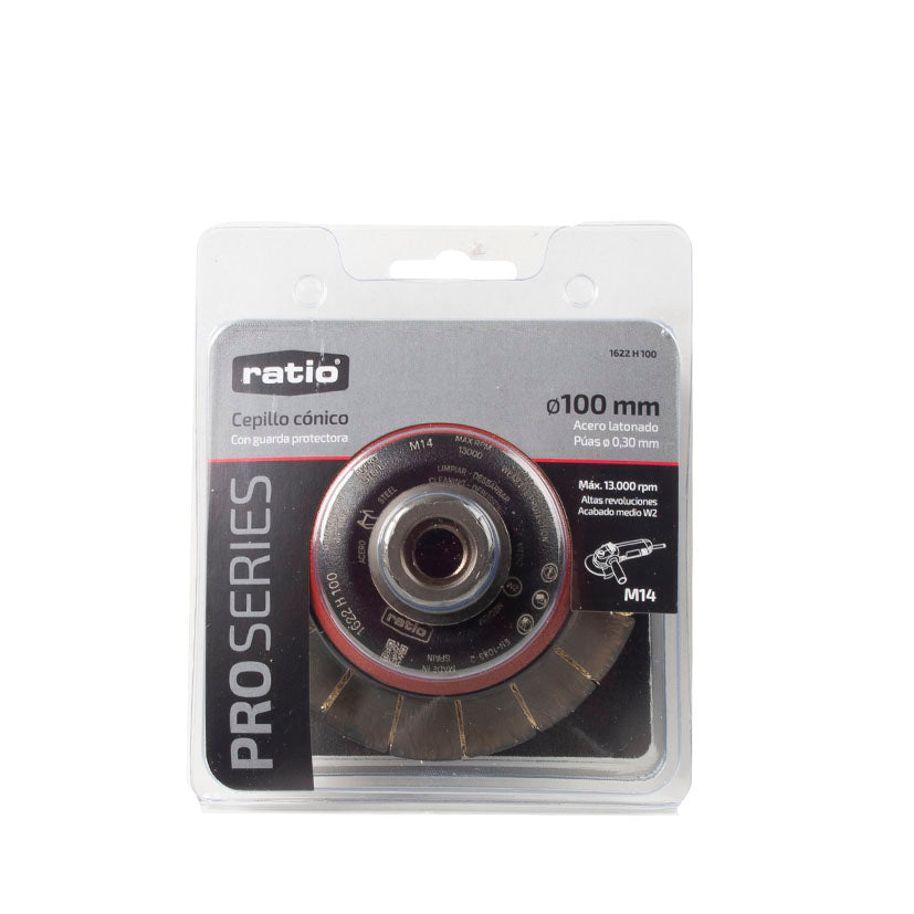 Presentación en blister del cepillo cónico Ratio ProSeries 1622 de acero latonado para limpieza metálica.