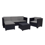 Conjunto de muebles de jardín Manhattan en resina antracita con sofá, sillón, puff y mesa de centro.