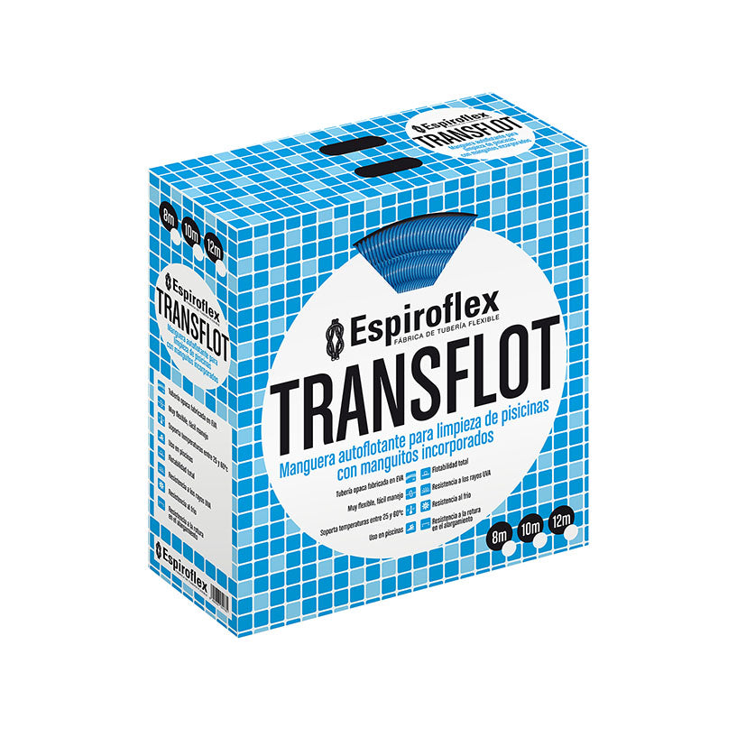 Caja de manguera Espiroflex Transflot con detalles de resistencia UV y flotabilidad para mantenimiento de piscinas.