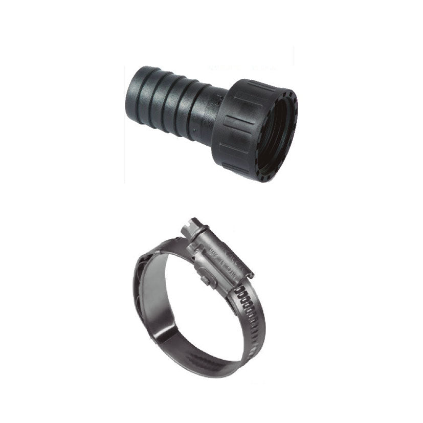 Accesorios incluidos para motobomba: racor de conexión de plástico negro y abrazadera metálica de sujeción.