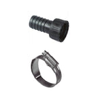 Accesorios incluidos para motobomba: racor de conexión de plástico negro y abrazadera metálica de sujeción.