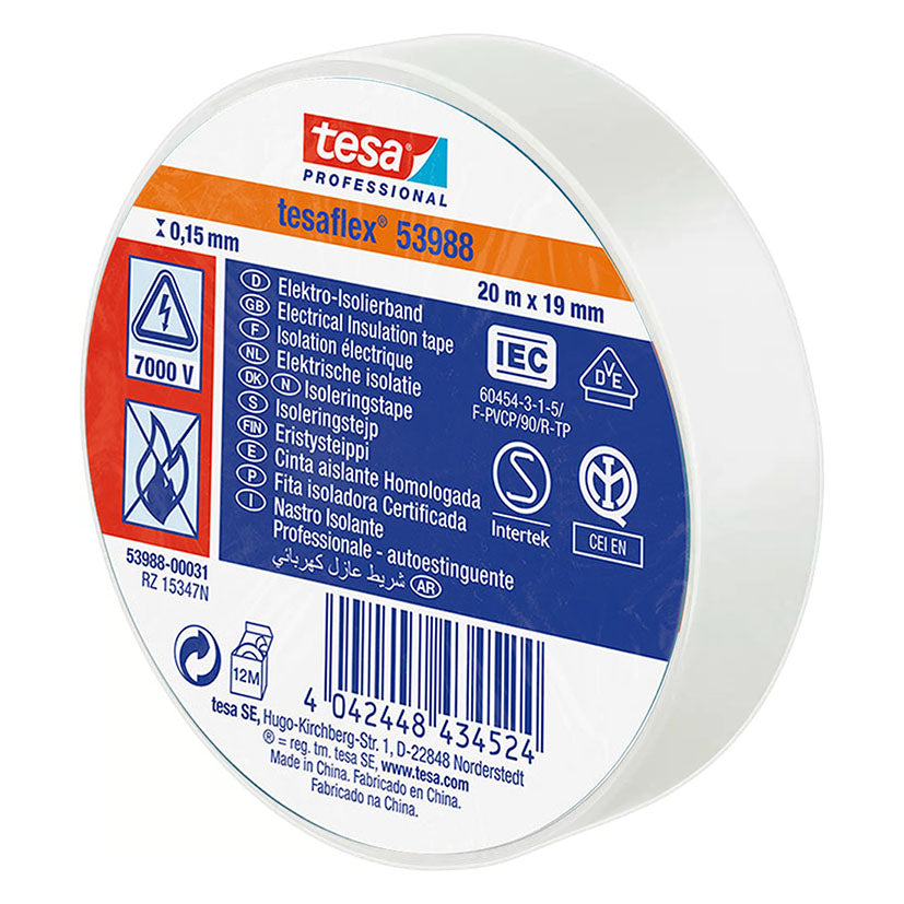 Cinta aislante TESA Tesaflex 53988 blanca 20m x 19mm para aislamiento eléctrico profesional.