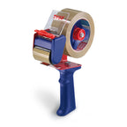 Dispensador de cinta de embalaje Tesa 6300 con mango ergonómico azul y estructura metálica roja.