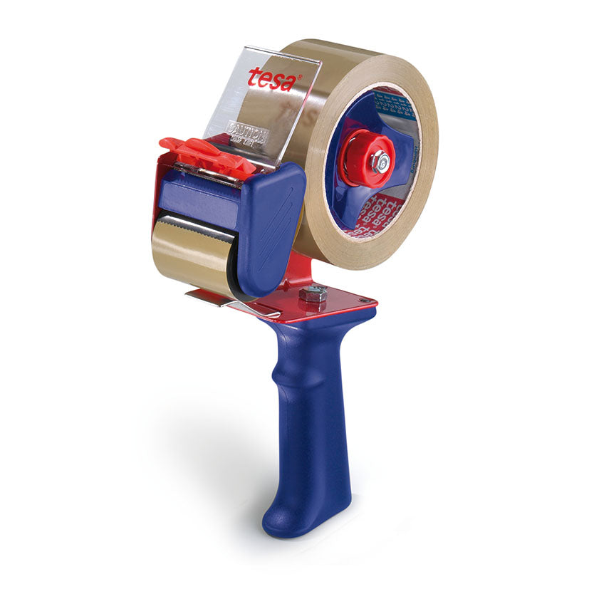 Dispensador de cinta de embalaje Tesa 6300 con mango ergonómico azul y estructura metálica roja.