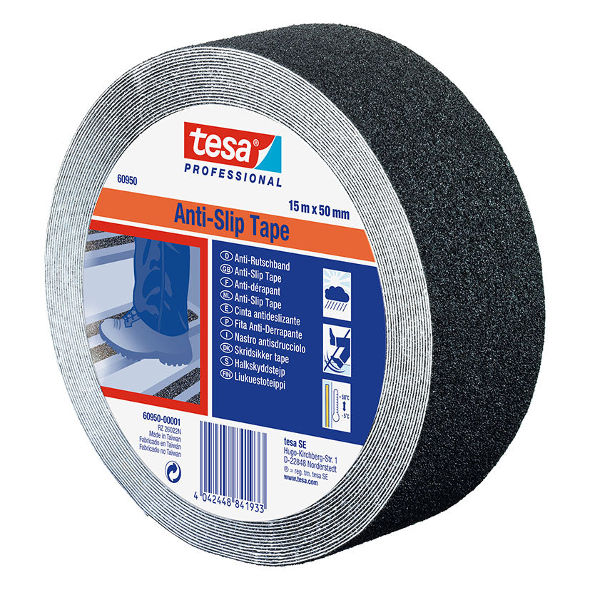 Rollo de cinta antideslizante TESA Professional 60950 negra de 15m x 50mm para seguridad en suelos.