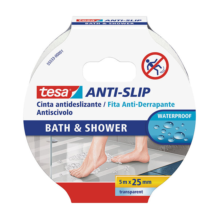 Pack de cinta antideslizante TESA transparente para baño y ducha de 5m x 25mm resistente al agua