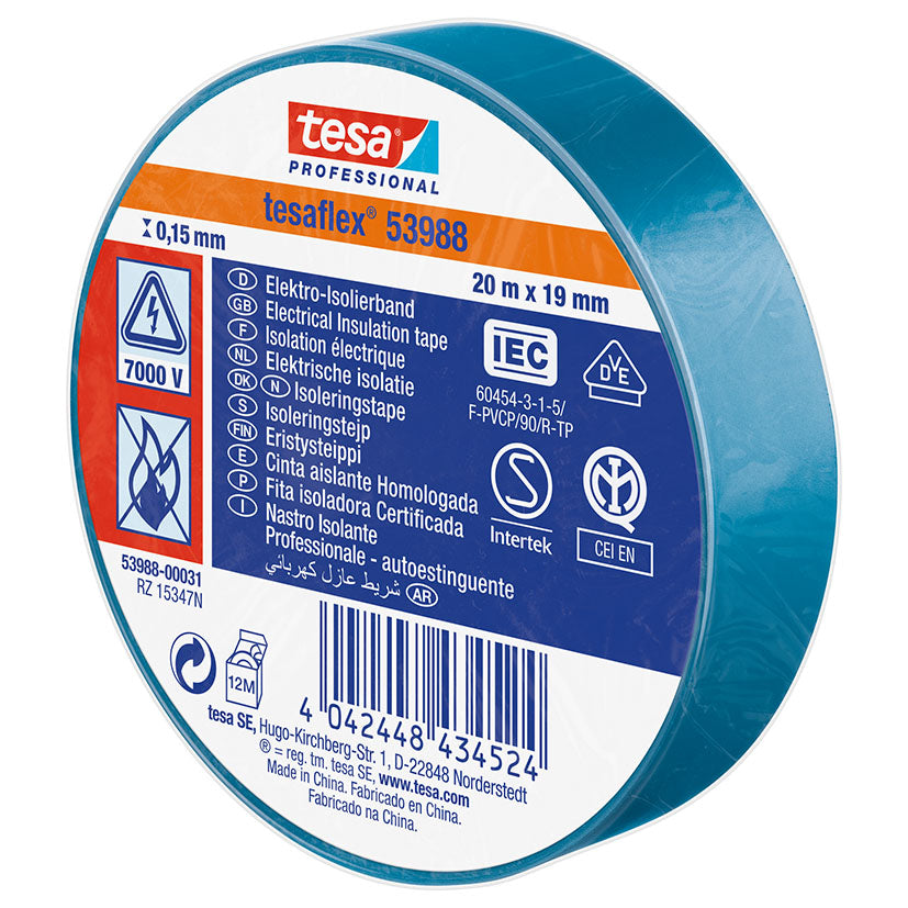 Cinta aislante TESA Tesaflex 53988 azul 20m resistente a 7000V y altas temperaturas.