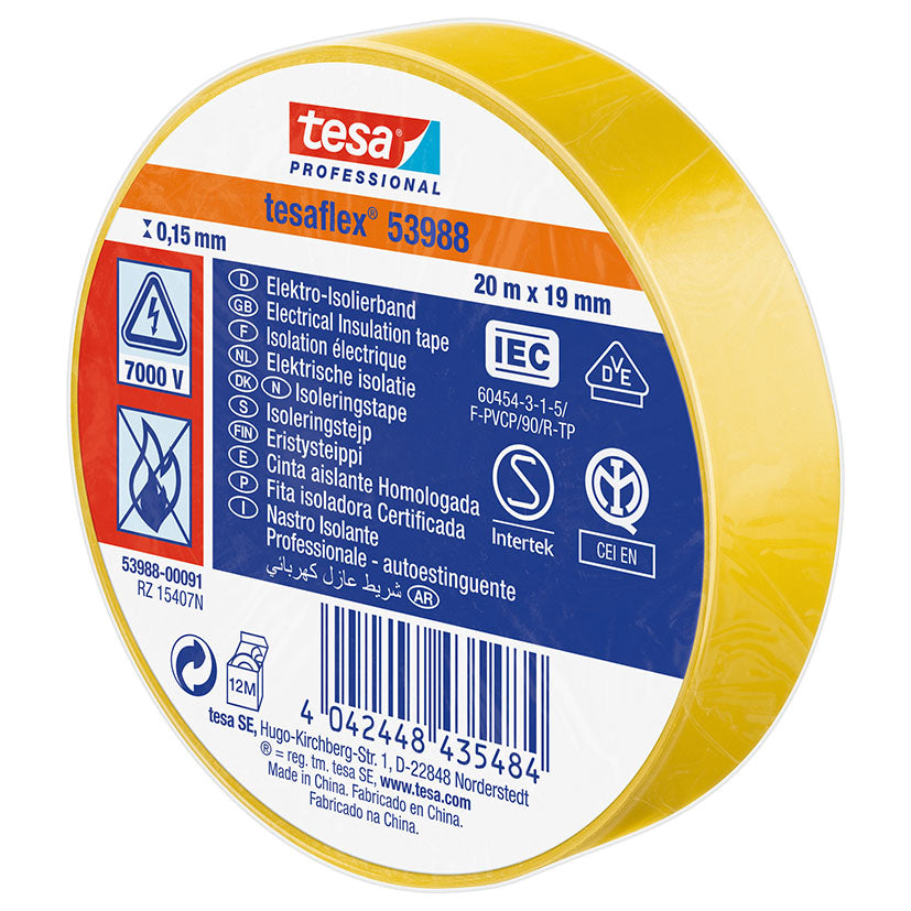 Rollo de cinta aislante TESA Tesaflex 53988 amarilla de PVC flexible certificada IEC.