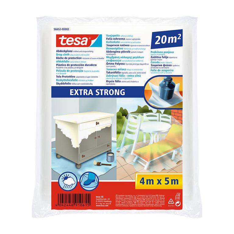 Plástico protector TESA Extrafuerte de 20m2 para pintura y reformas, dimensiones 4x5 metros, resistente a roturas.