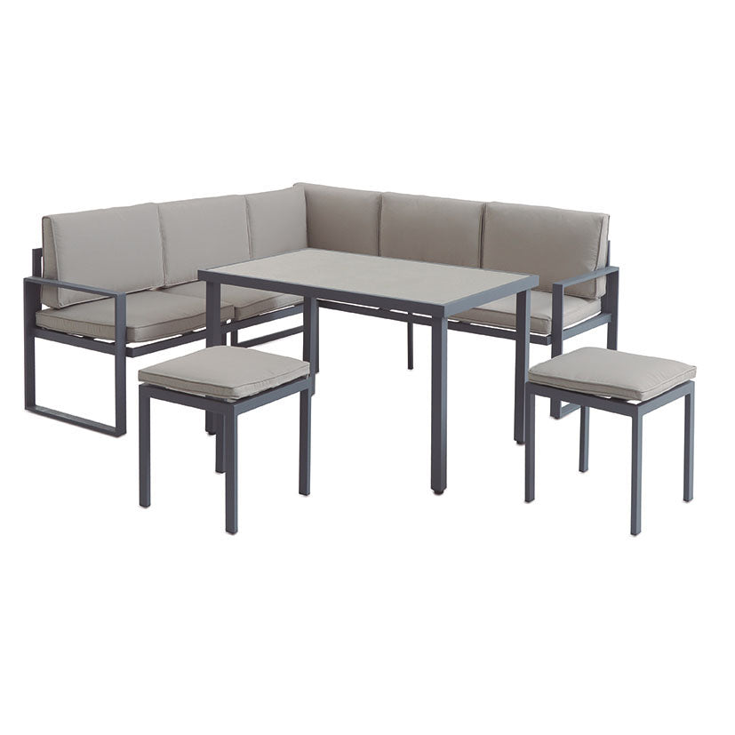 Conjunto de jardín rinconero Córcega en aluminio gris antracita con cojines beige y mesa de cristal