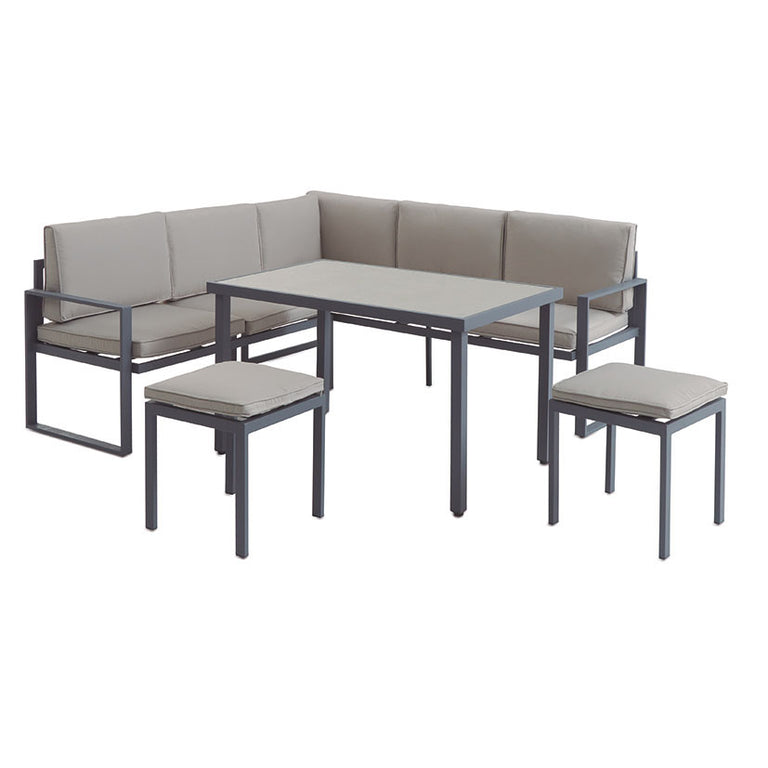 Conjunto de jardín rinconero Córcega en aluminio gris antracita con cojines beige y mesa de cristal