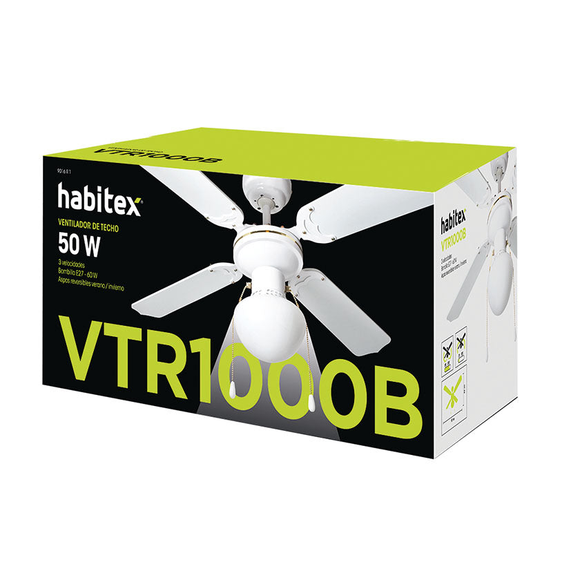 Caja del producto ventilador de techo Habitex VTR-1000B de 50W con especificaciones técnicas.