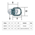 Esquema técnico con dimensiones y tabla de especificaciones para placas de amarre cincadas e inoxidables.