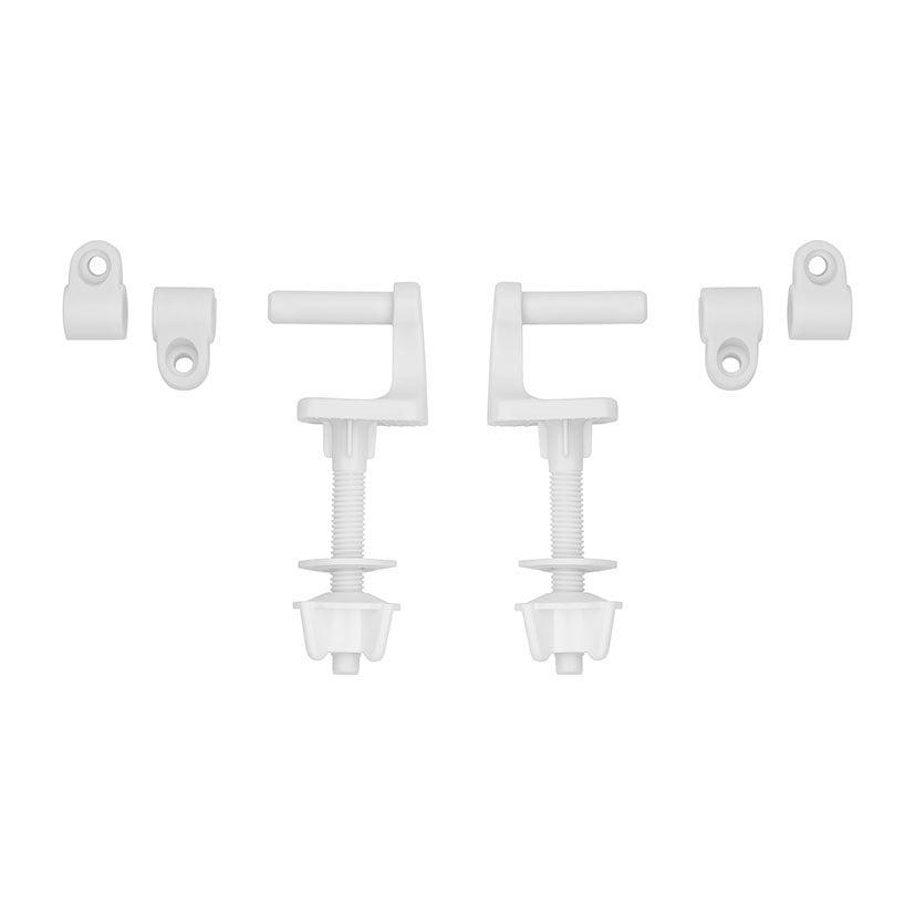 Despiece de kit de bisagras de nylon blanco para instalación de tapa WC Roca Victoria.