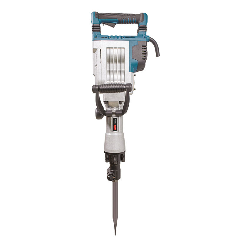 Vista frontal del martillo demoledor profesional RATIO PRO XF65J con puntero de acero.