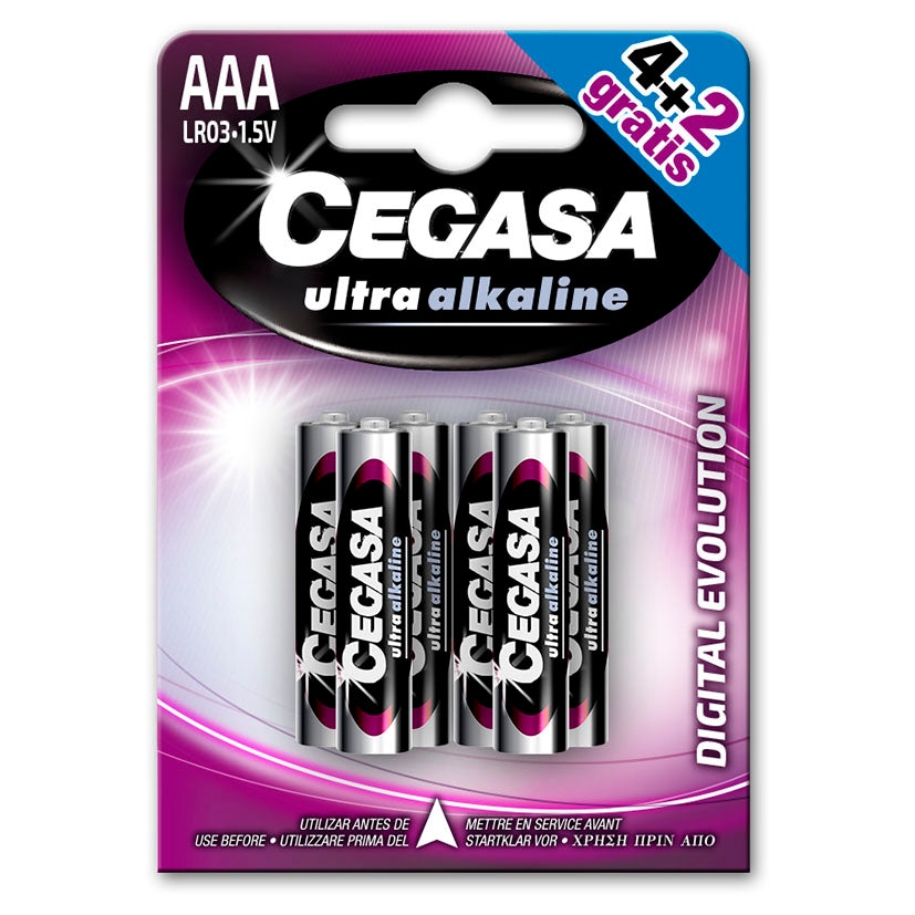 Pack de 6 pilas alcalinas CEGASA Ultra Alkaline AAA LR03 1.5V promoción 4 más 2 gratis