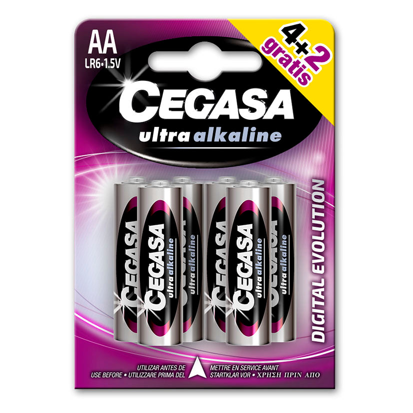 Pack de 6 pilas alcalinas CEGASA Ultra Alkaline AA LR6 1.5V promoción 4 más 2 gratis