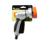 Pistola de riego LISTA Ergometal modelo 8700N15 en blíster con detalle de modos Soaker, Cone y Center.