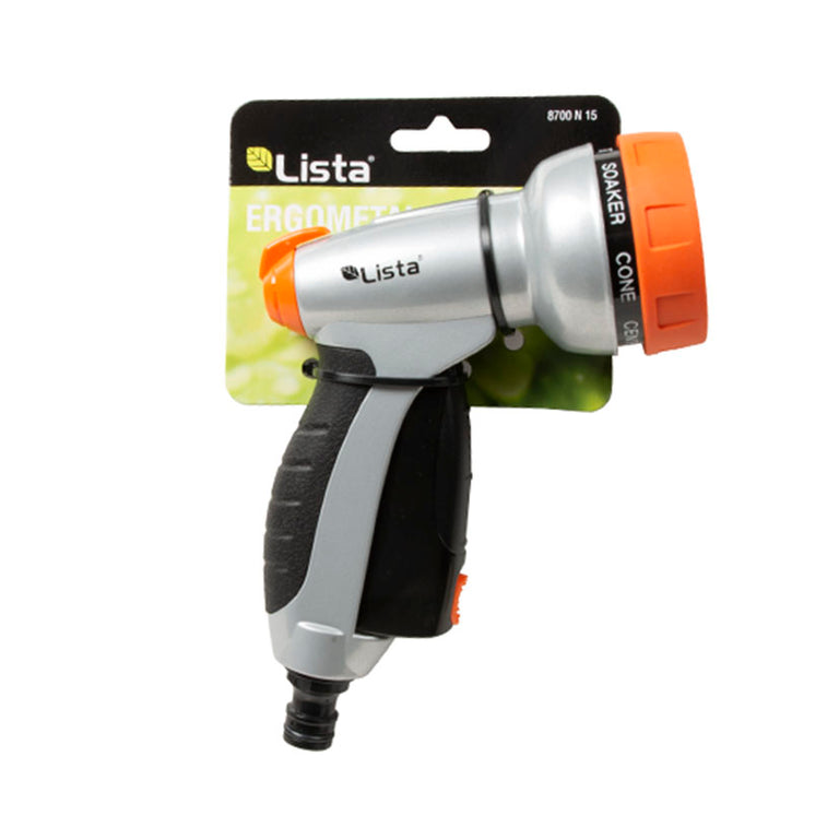 Pistola de riego LISTA Ergometal modelo 8700N15 en blíster con detalle de modos Soaker, Cone y Center.