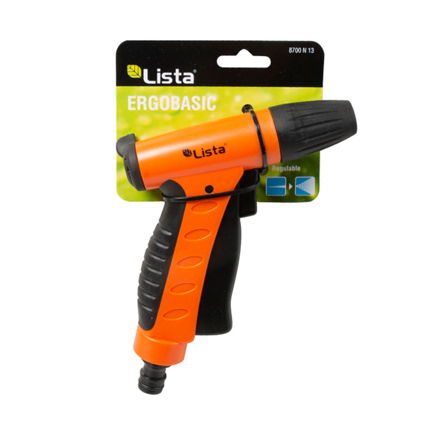 Pistola de riego LISTA Ergobasic 8700N13 en embalaje original con iconos de funciones de chorro regulable.