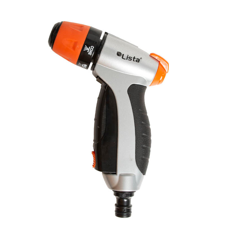 Pistola de riego LISTA ergonómica en color gris y naranja con boquilla regulable y conector rápido inferior.
