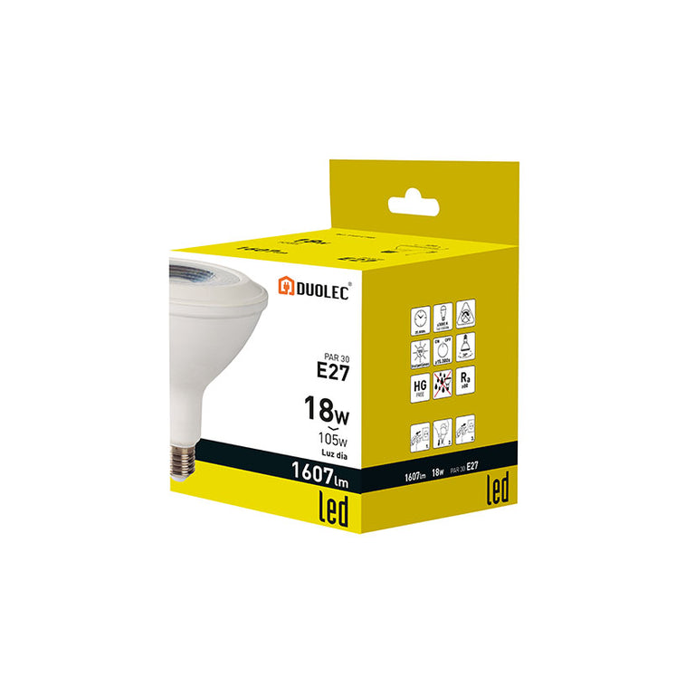 Embalaje bombilla LED PAR38 DUOLEC 18W luz día 4000K color amarillo