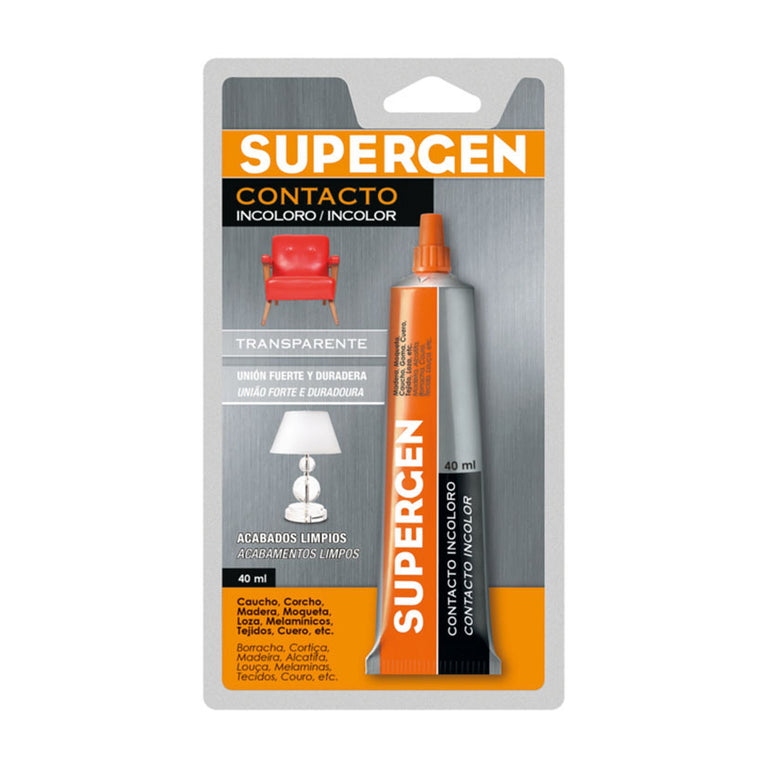 Blíster de cola de contacto Supergen Incoloro de 40 ml transparente para acabados limpios.