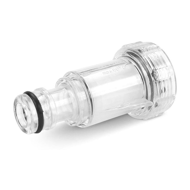Racor de entrada de agua transparente para hidrolimpiadora con filtro integrado.