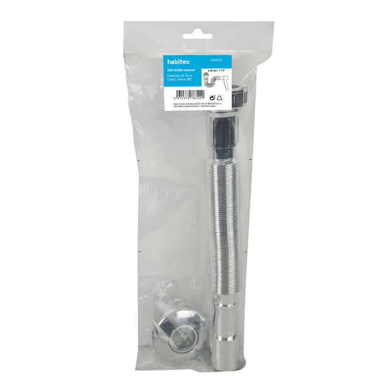 Sifón universal extensible HABITEX 1 1/2 pulgadas en pack de venta con especificaciones técnicas.