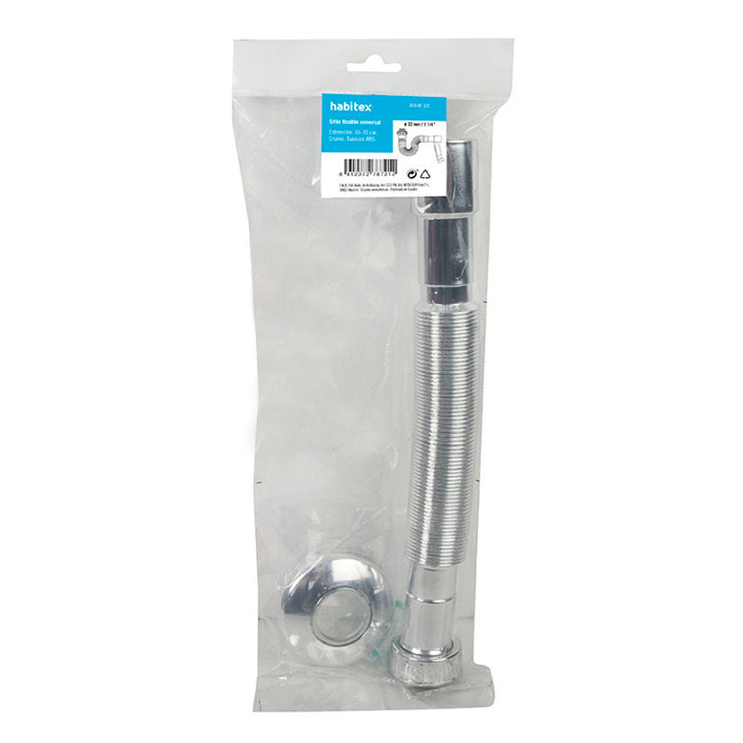 Embalaje de sifón flexible HABITEX medida 1 1/4 pulgadas con embellecedor y juntas incluidas.