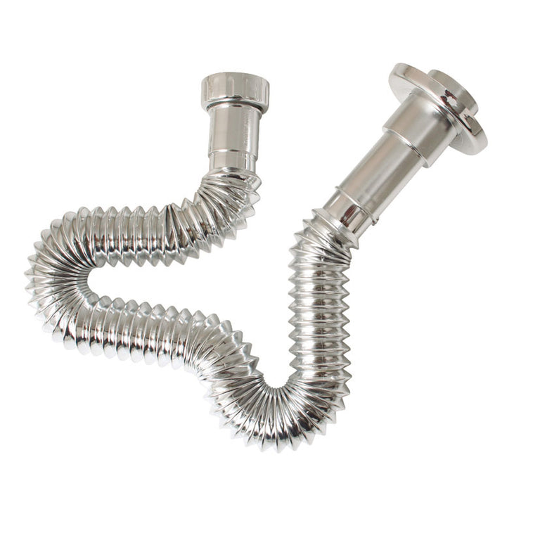 Sifón flexible extensible HABITEX cromado con diseño articulado para desagües de baño y cocina.