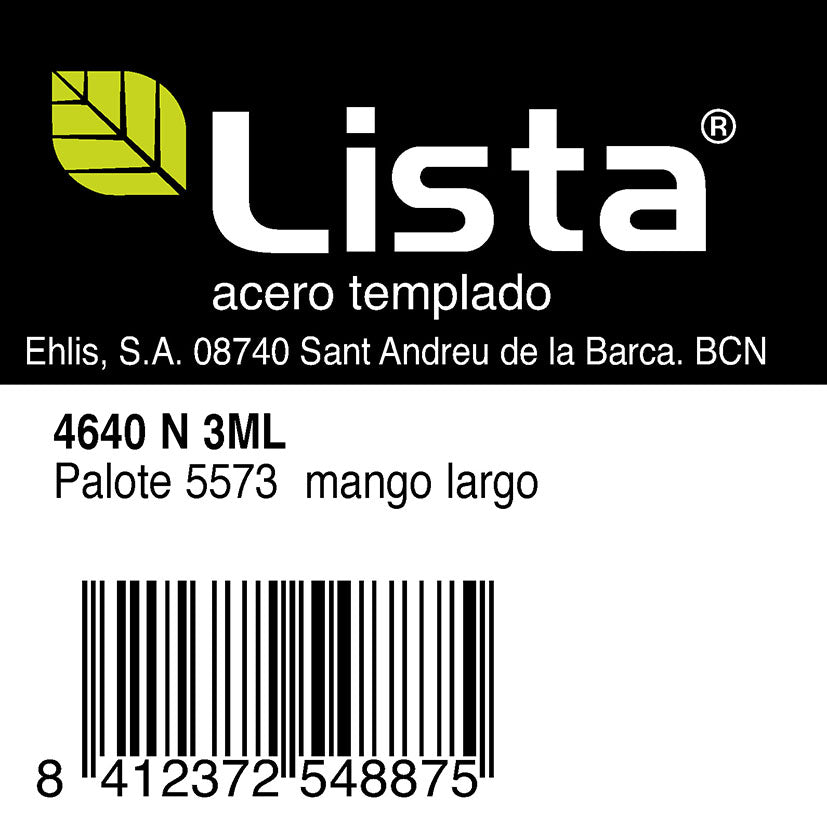 Detalle de etiqueta del palote LISTA 4640 N 3ML mango largo con especificaciones.