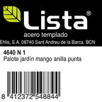 Etiqueta técnica del palote de jardín Lista ref 4640 N 1 con especificaciones de acero templado y código EAN.