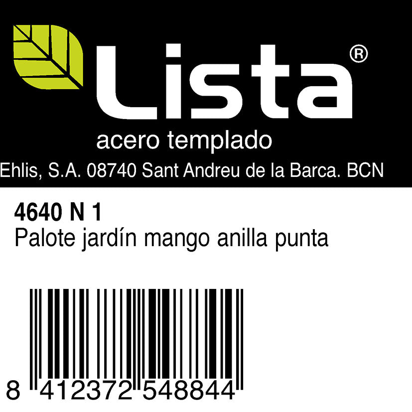 Etiqueta técnica del palote de jardín Lista ref 4640 N 1 con especificaciones de acero templado y código EAN.