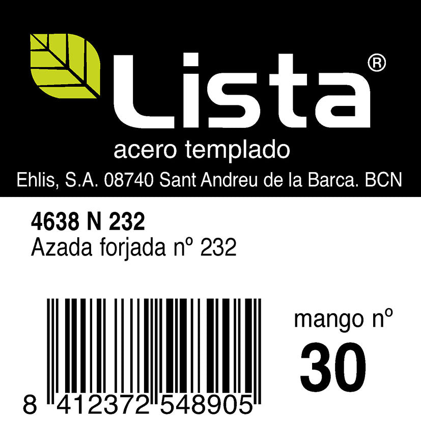 Detalle de etiqueta técnica de azada Lista Nº 232 indicando material acero forjado y compatibilidad de mango