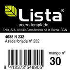 Detalle de etiqueta técnica de azada Lista Nº 232 indicando material acero forjado y compatibilidad de mango