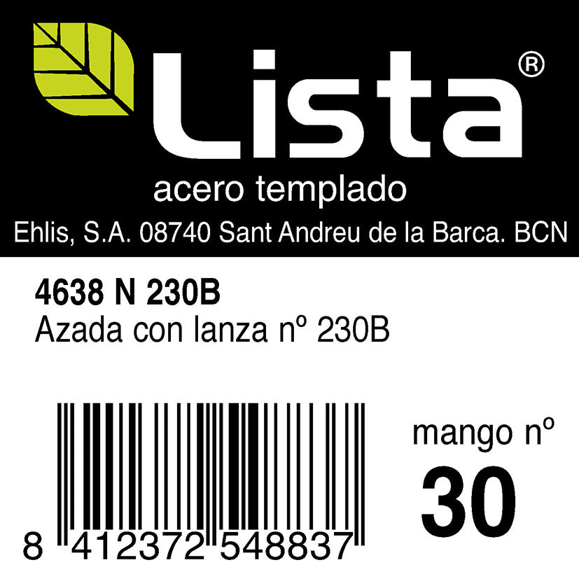 Etiqueta técnica de azada con lanza Lista modelo 4638 N 230B con código de barras