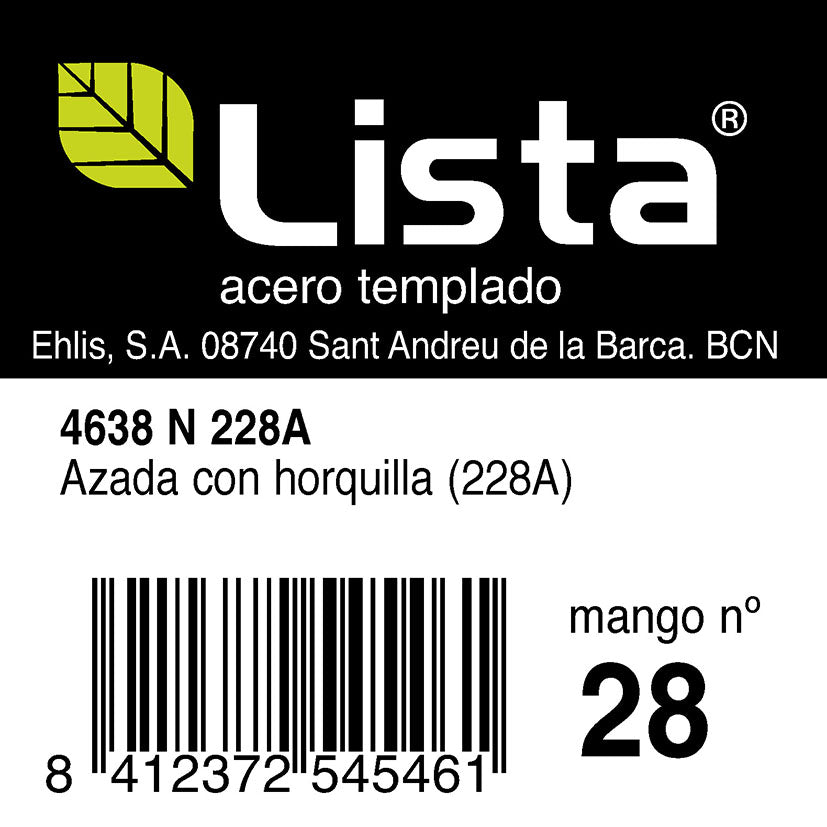Etiqueta técnica de la azada con horquilla Lista Nº228 con especificaciones de peso y medidas.