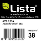 Etiqueta técnica azada forjada Lista 4638N85A con especificaciones de peso