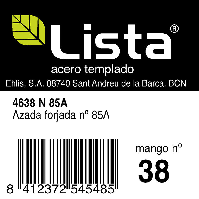 Etiqueta técnica azada forjada Lista 4638N85A con especificaciones de peso