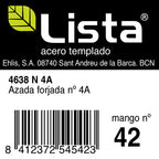 Etiqueta técnica de Azada LISTA Ref. 4638 N 4A detallando compatibilidad con mango número 42.