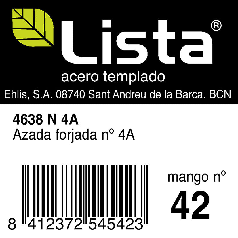 Etiqueta técnica de Azada LISTA Ref. 4638 N 4A detallando compatibilidad con mango número 42.